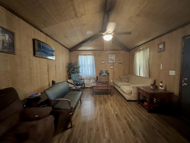 living room with ceiling fan, wood ceiling, wooden walls, and hardwood / wood-style flooring