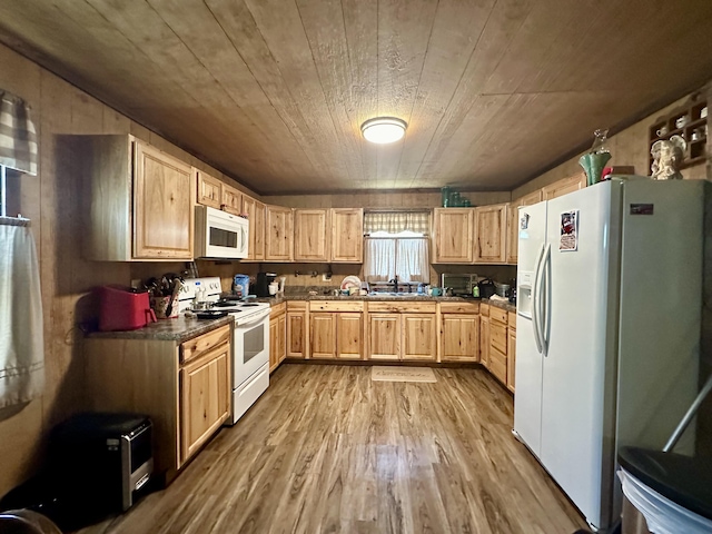 kitchen featuring light hardwood / wood-style floors, sink, white appliances, wood ceiling, and light brown cabinetry