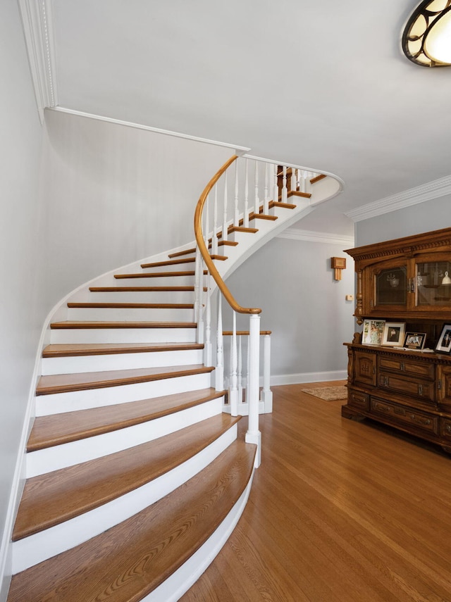 staircase featuring ornamental molding and hardwood / wood-style floors