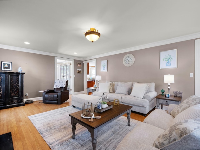 living room with ornamental molding and light hardwood / wood-style flooring