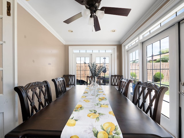 dining space featuring ornamental molding and ceiling fan