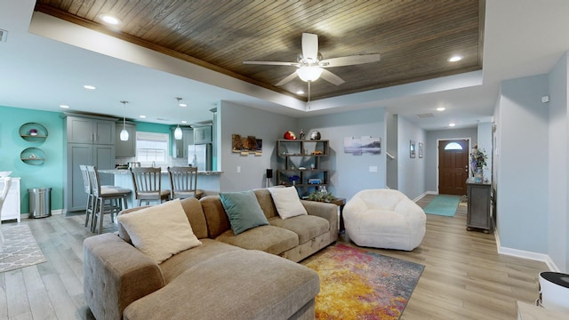 living room featuring light wood-type flooring, wooden ceiling, and a tray ceiling