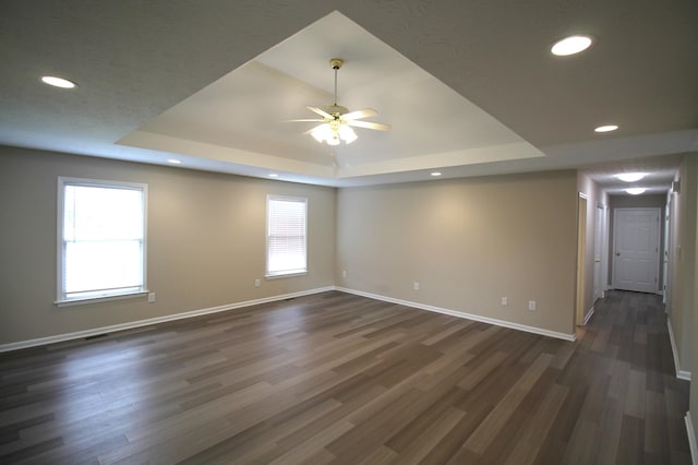 spare room featuring dark wood-type flooring, a wealth of natural light, and a tray ceiling