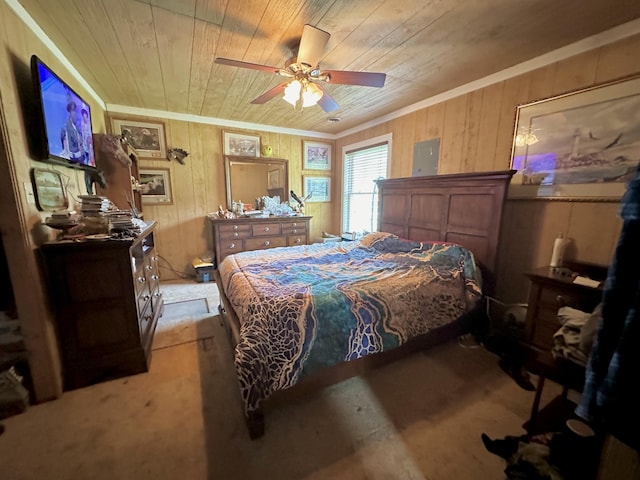 bedroom with ceiling fan, wooden walls, and wooden ceiling