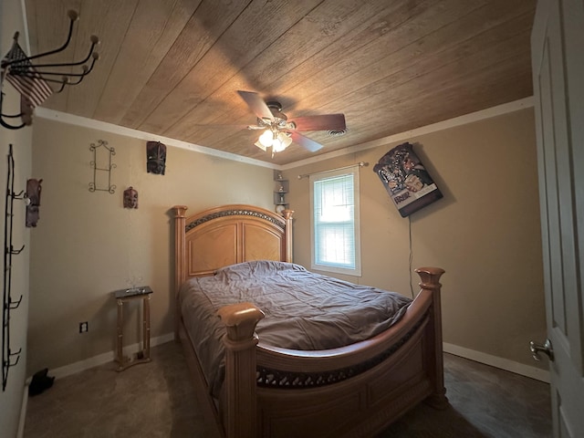 bedroom with ceiling fan, wood ceiling, and crown molding