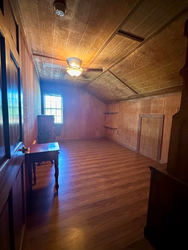 home office with dark wood-type flooring, wood ceiling, and wood walls