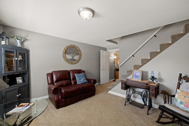 983 Short Town Rd, Liberty, KY 42539 - living room featuring carpet flooring, baseboards, and stairs