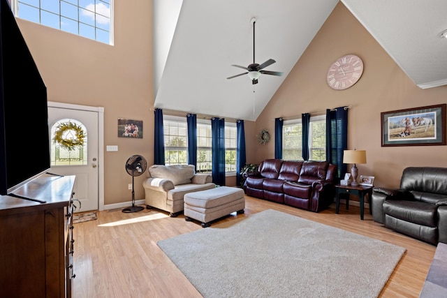 983 Short Town Rd, Liberty, KY 42539 - living area featuring high vaulted ceiling, baseboards, ceiling fan, and light wood-type flooring