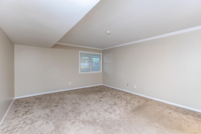 empty room with crown molding and light carpet