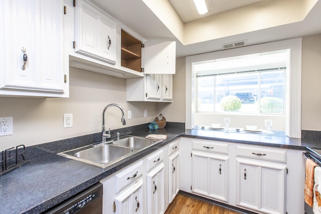 kitchen featuring white cabinetry, sink, dark wood-type flooring, and dishwasher