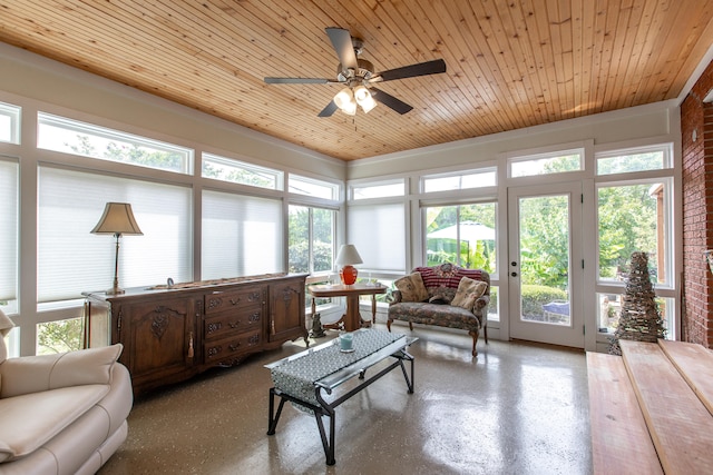 sunroom with plenty of natural light, ceiling fan, and wooden ceiling