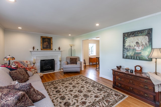 living room with crown molding and light wood-type flooring