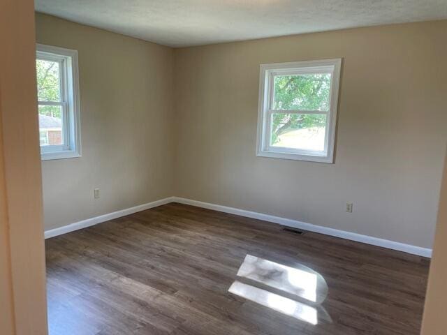 empty room featuring plenty of natural light and dark wood-type flooring