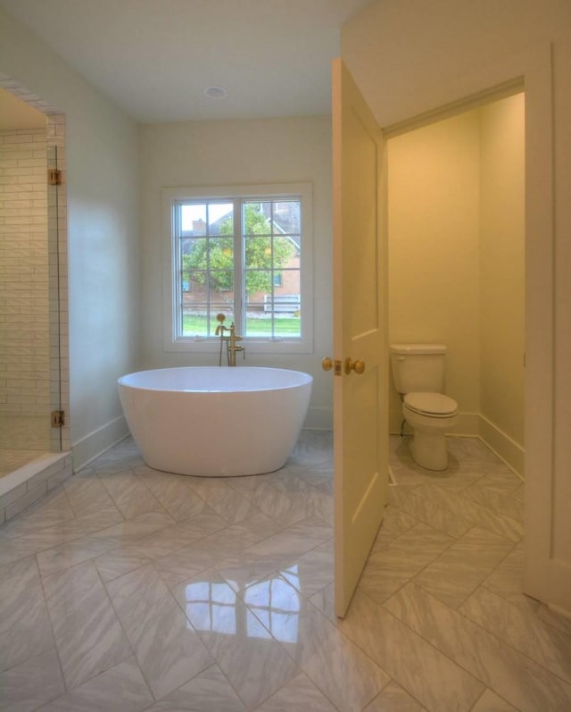 bathroom with toilet and separate shower and tub