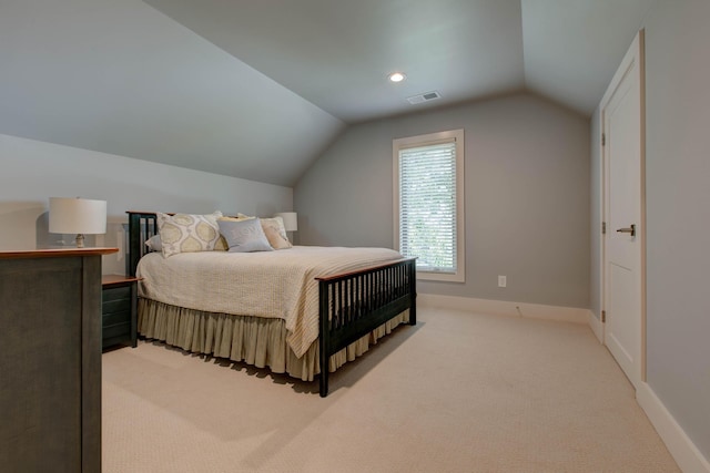 bedroom featuring visible vents, baseboards, light colored carpet, vaulted ceiling, and recessed lighting