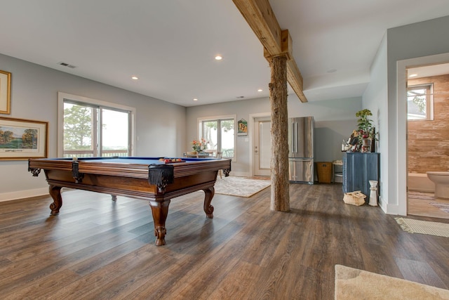 playroom featuring visible vents, decorative columns, recessed lighting, dark wood-style floors, and billiards