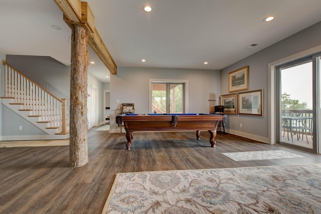 rec room featuring pool table, recessed lighting, wood finished floors, and baseboards