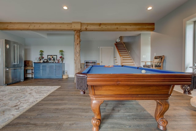 playroom featuring wood finished floors, baseboards, beam ceiling, recessed lighting, and pool table