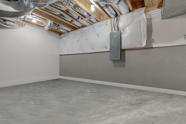 unfinished basement featuring electric panel and baseboards