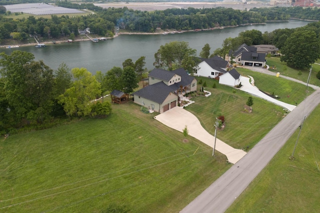 aerial view featuring a water view