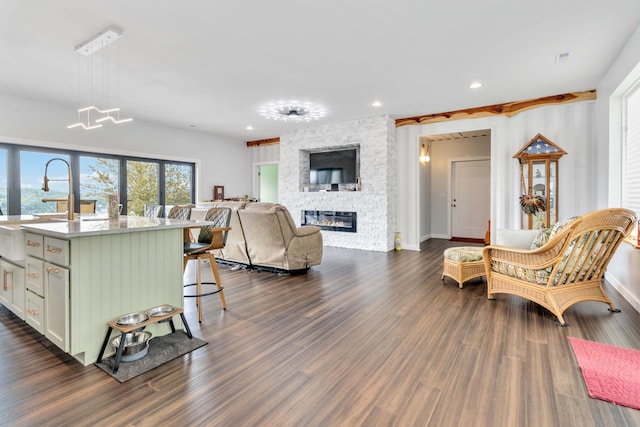 living room with sink, a stone fireplace, and dark hardwood / wood-style floors