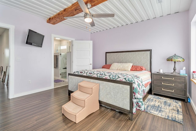 bedroom featuring dark hardwood / wood-style flooring, ceiling fan, beamed ceiling, and ensuite bathroom