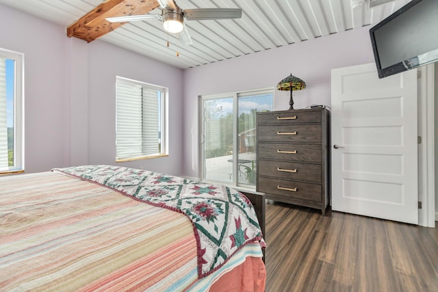 bedroom featuring beamed ceiling, ceiling fan, access to exterior, and dark hardwood / wood-style flooring