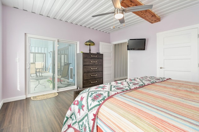 bedroom with access to exterior, dark wood-type flooring, lofted ceiling with beams, and ceiling fan