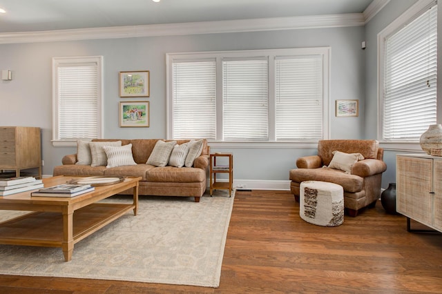 living area featuring crown molding, baseboards, and wood finished floors