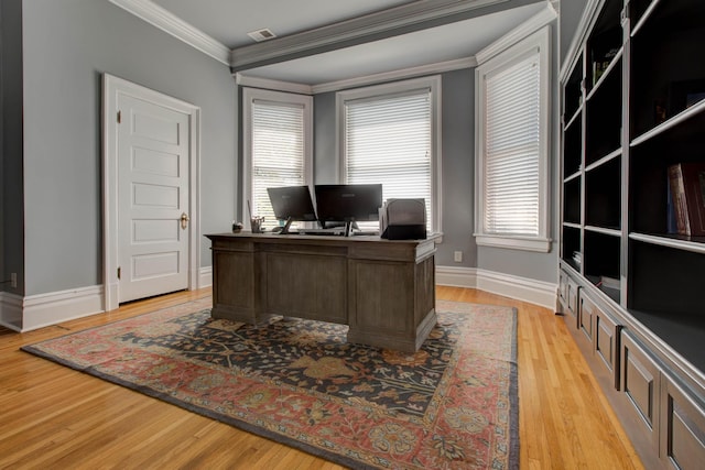 office area featuring baseboards, crown molding, visible vents, and light wood finished floors