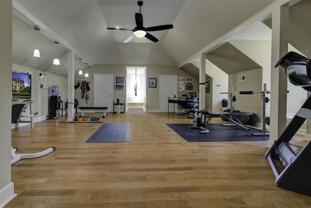 workout room with high vaulted ceiling, baseboards, a ceiling fan, and wood finished floors