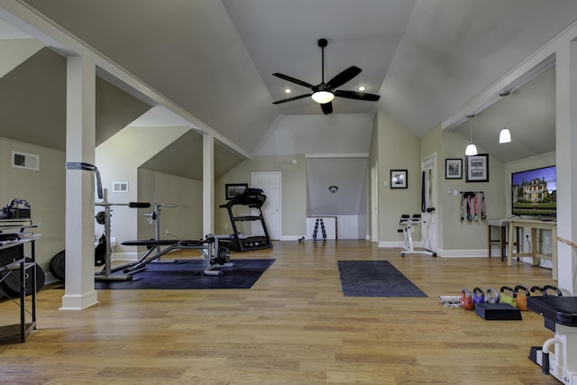 workout area featuring ceiling fan, light wood-type flooring, and visible vents