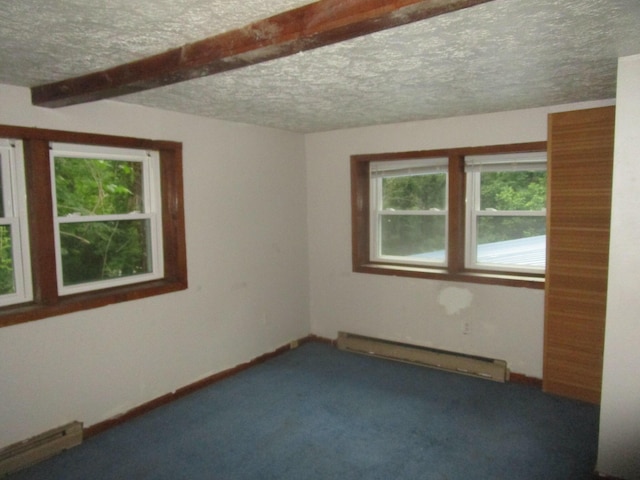 carpeted empty room with beamed ceiling and a baseboard radiator