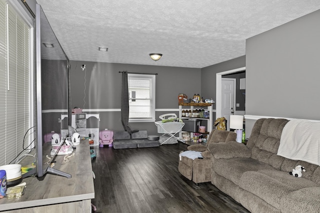 living room with dark hardwood / wood-style flooring and a textured ceiling