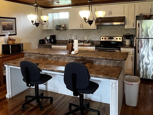 kitchen with hanging light fixtures, stainless steel appliances, white cabinets, and a chandelier