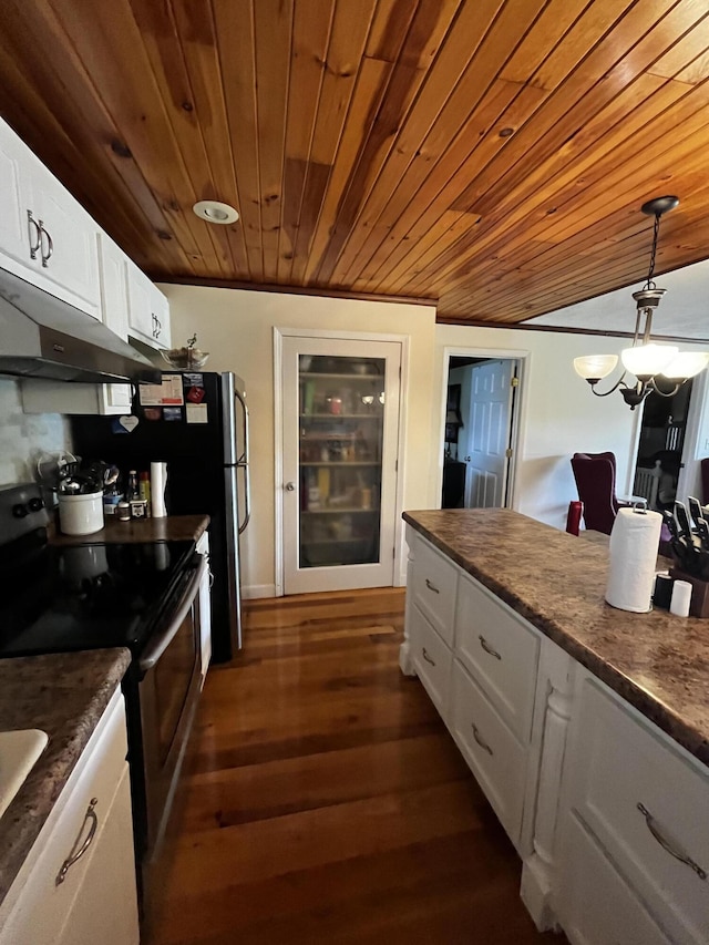 kitchen featuring stainless steel electric stove, white cabinets, dark hardwood / wood-style flooring, hanging light fixtures, and wooden ceiling