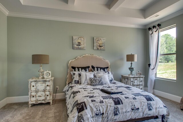 bedroom featuring a tray ceiling, multiple windows, beam ceiling, and carpet floors