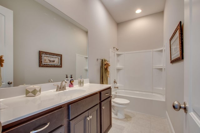 full bathroom featuring bathing tub / shower combination, vanity, tile patterned flooring, and toilet