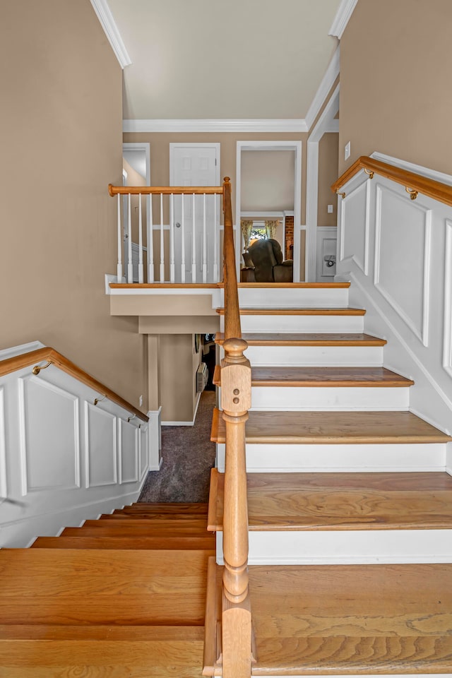 stairway with carpet flooring and crown molding