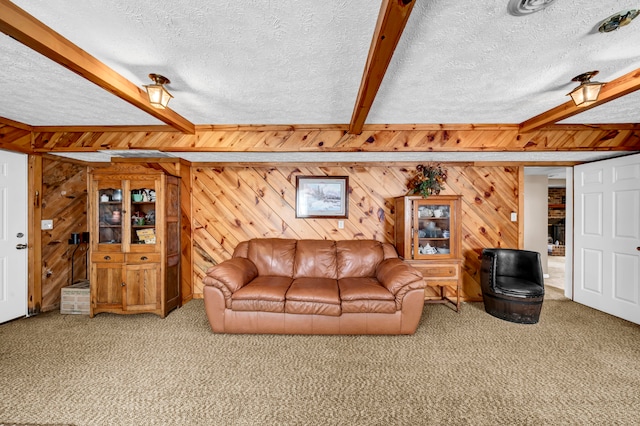 living room featuring a textured ceiling, light carpet, and beam ceiling