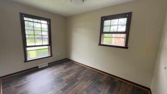 spare room featuring plenty of natural light and dark hardwood / wood-style floors