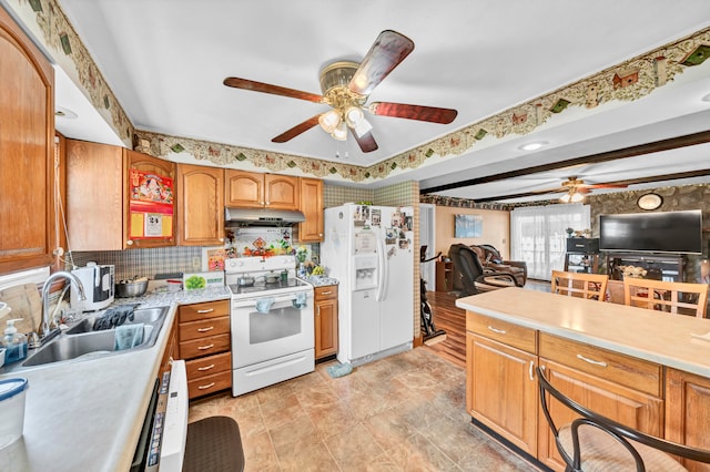 kitchen featuring light tile patterned flooring, ceiling fan, decorative backsplash, white appliances, and sink