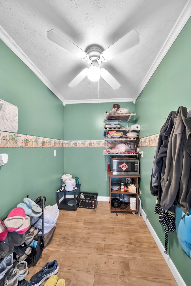 walk in closet with light hardwood / wood-style flooring and ceiling fan