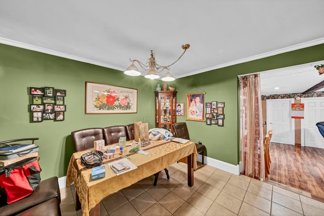 tiled dining area with ornamental molding