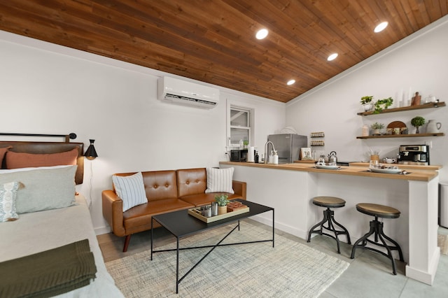 living room with a wall unit AC, wood ceiling, and ornamental molding