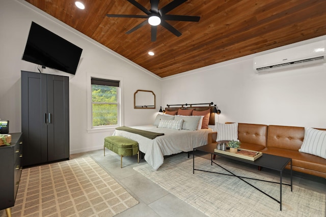 bedroom with ceiling fan, light tile patterned flooring, an AC wall unit, and wooden ceiling