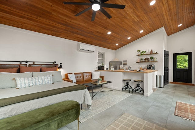 tiled bedroom with crown molding, wood ceiling, a wall mounted AC, stainless steel fridge, and vaulted ceiling