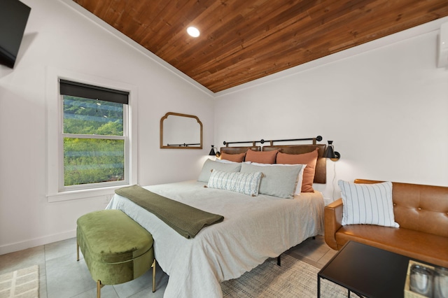 bedroom featuring tile patterned floors, vaulted ceiling, wood ceiling, baseboards, and recessed lighting