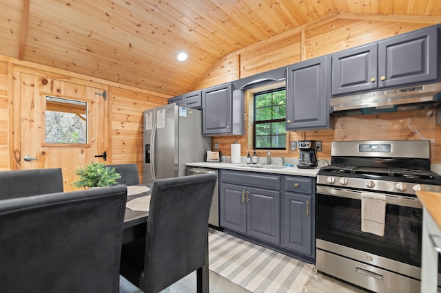 kitchen featuring appliances with stainless steel finishes, wooden walls, vaulted ceiling, sink, and wooden ceiling