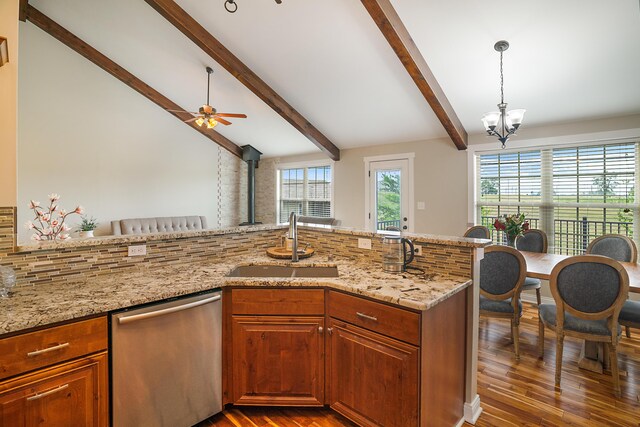 kitchen with decorative backsplash, dishwasher, wood-type flooring, and vaulted ceiling with beams